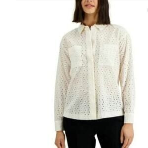 Alfani EUC Botanic Affair Calla Lily button down blouse top eyelets Large ivory